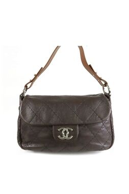 Chanel Wild Stitch Shoulder Bag Dark Gray Brown Silver Leather